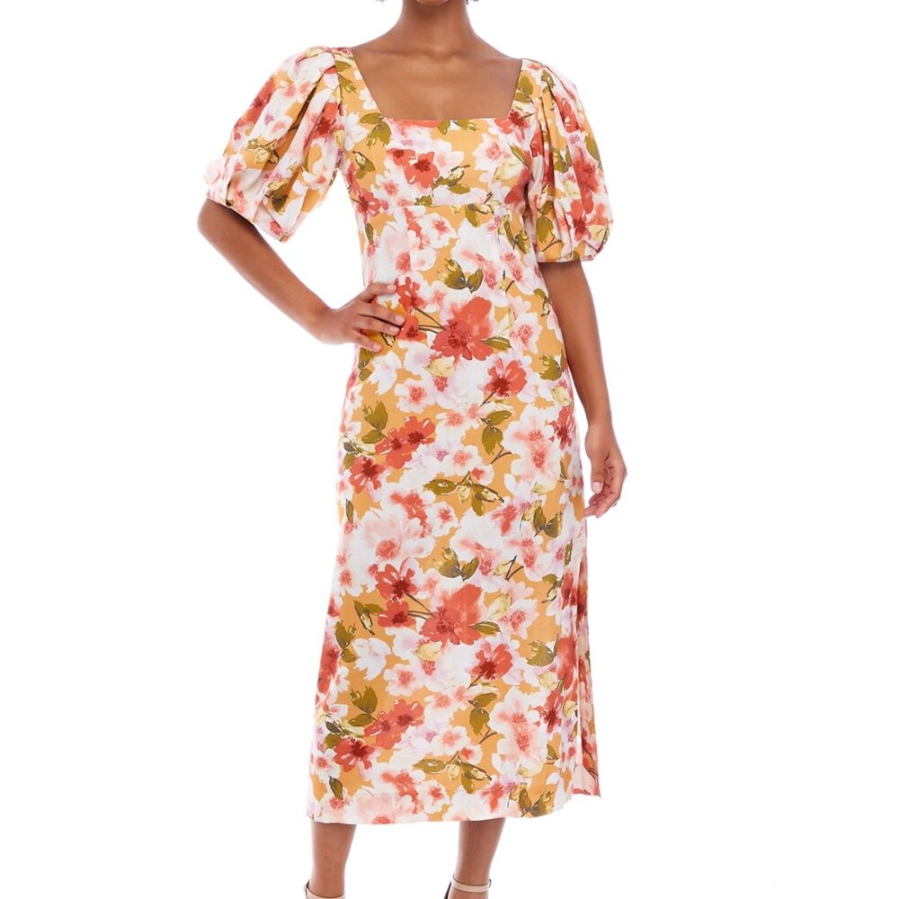 Moon River Linen Blend Midi Dress Small Orange Multicolor Floral Puff Sleeve